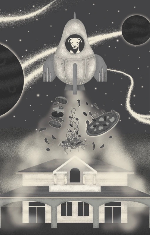 Atomic Dog Hard Cider black-and-white campaign illustration showing a dog-piloted rocket beaming food and cider ingredients over a house in space.
