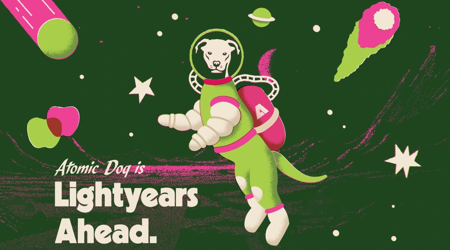 Atomic Dog Hard Cider campaign artwork featuring a playful dog astronaut floating in space with bold “Lightyears Ahead” branding.