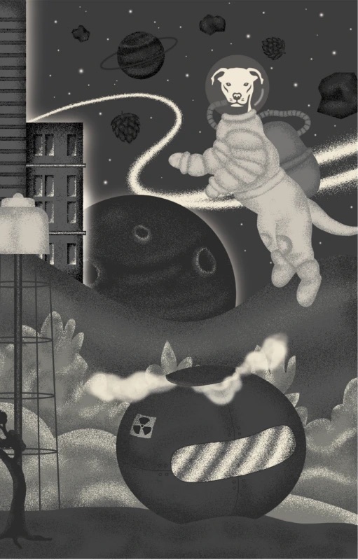 Atomic Dog Hard Cider black-and-white space-themed illustration featuring a dog astronaut floating above a futuristic landscape with planets, buildings, and bold campaign artwork.