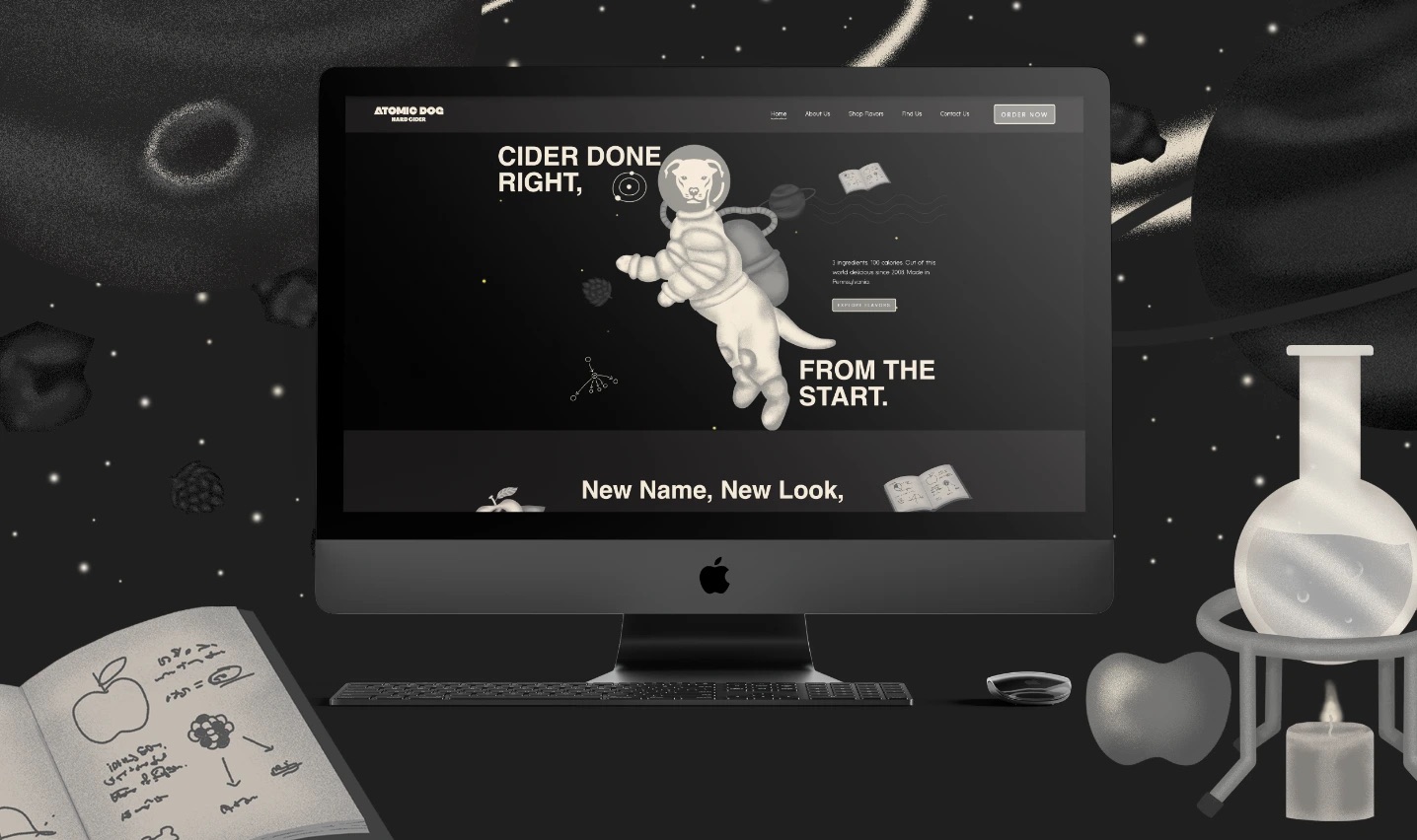 Atomic Dog Hard Cider website mockup displayed on a desktop screen, featuring space-themed dog astronaut branding and bold cider campaign visuals.