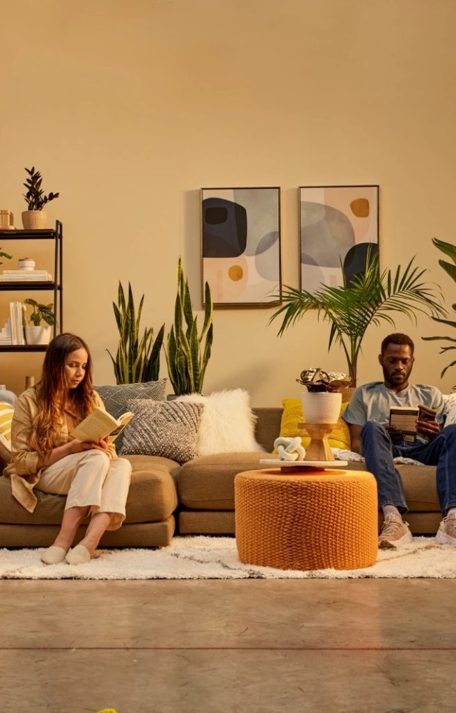Costa Farms indoor plants styled in a modern living room with people relaxing at home
