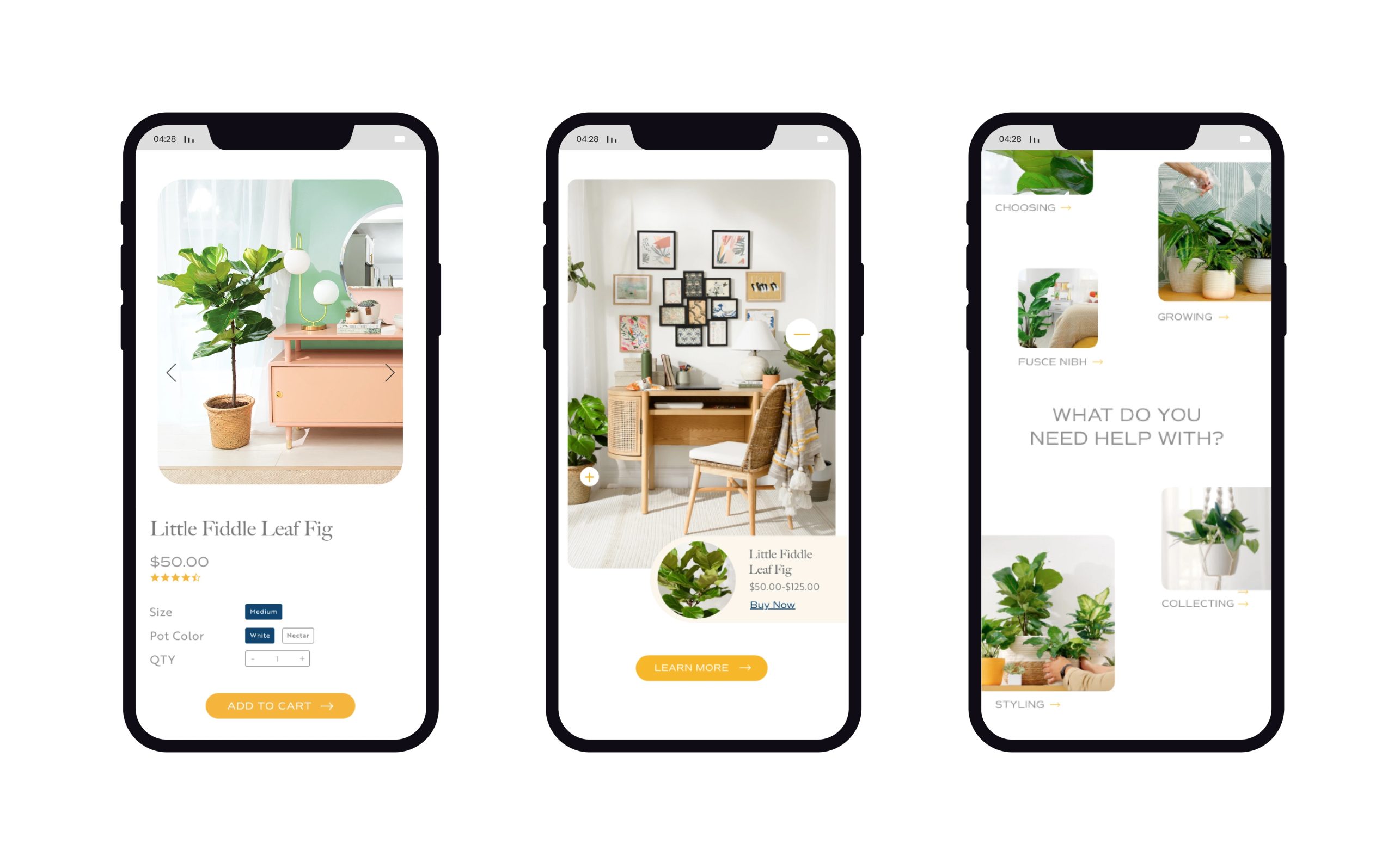 mobile website showing indoor plant shopping, care guidance, and styling inspiration on smartphone screens