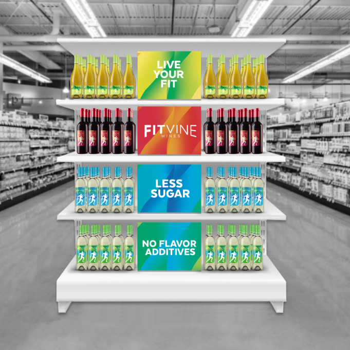Wine retail shelf display highlighting “Live Your Fit,” “Less Sugar,” and “No Flavor Additives” messaging across multiple wine varietals, created by Agency Squid.