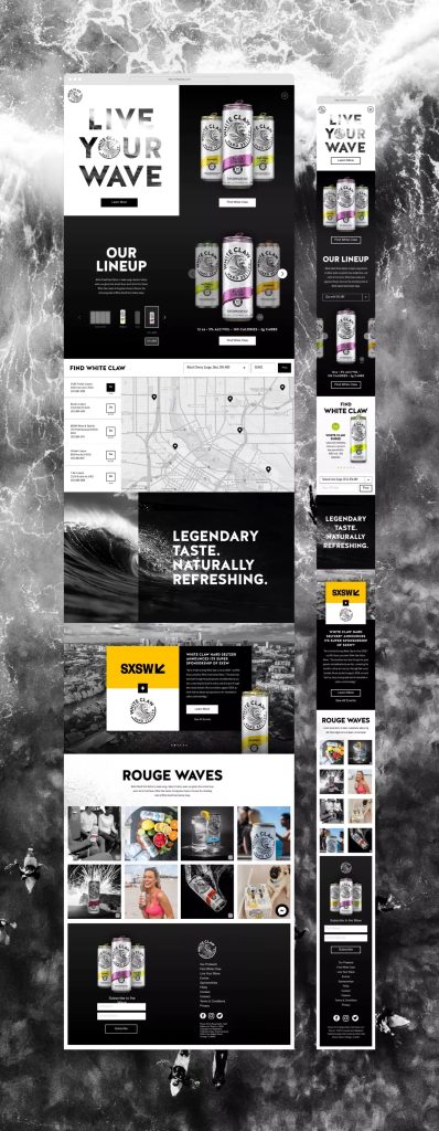 White Claw Hard Seltzer website redesign showing homepage, product lineup, and lifestyle sections in a unified brand system