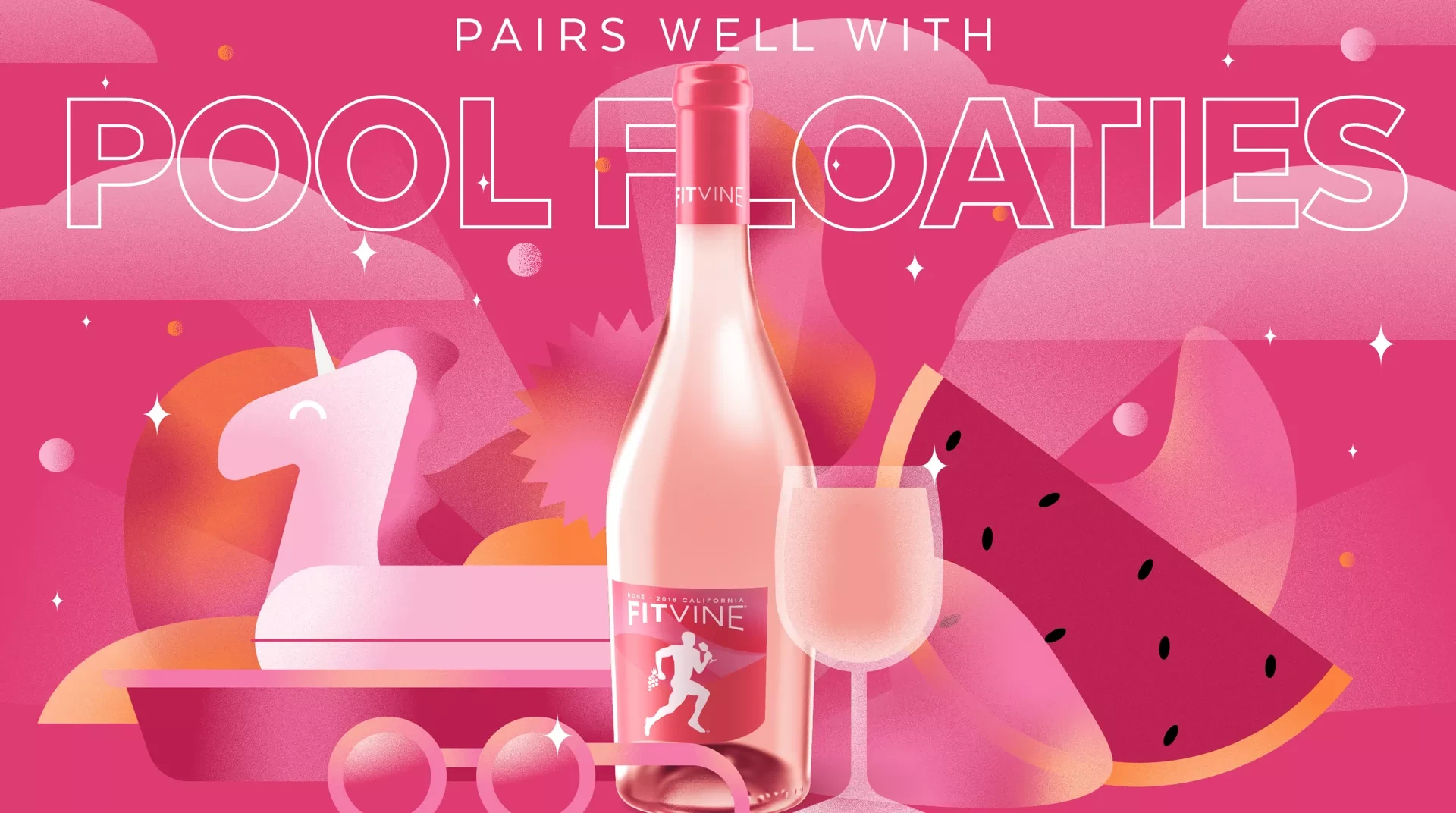 FitVine Rosé wine lifestyle illustration with pool float, watermelon, and summer visuals, created by Agency Squid.