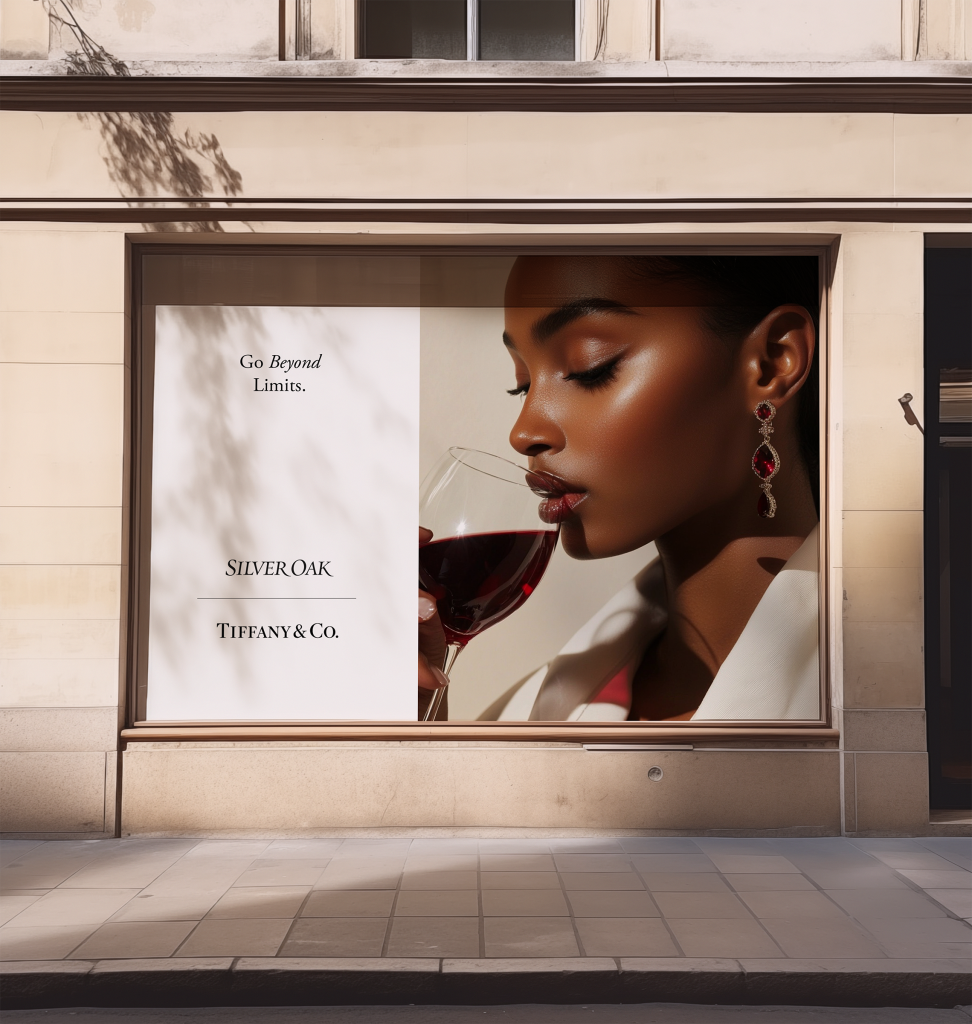 Silver Oak wine co-branded with Tiffany & Co. featured in a luxury window display showcasing refined lifestyle storytelling