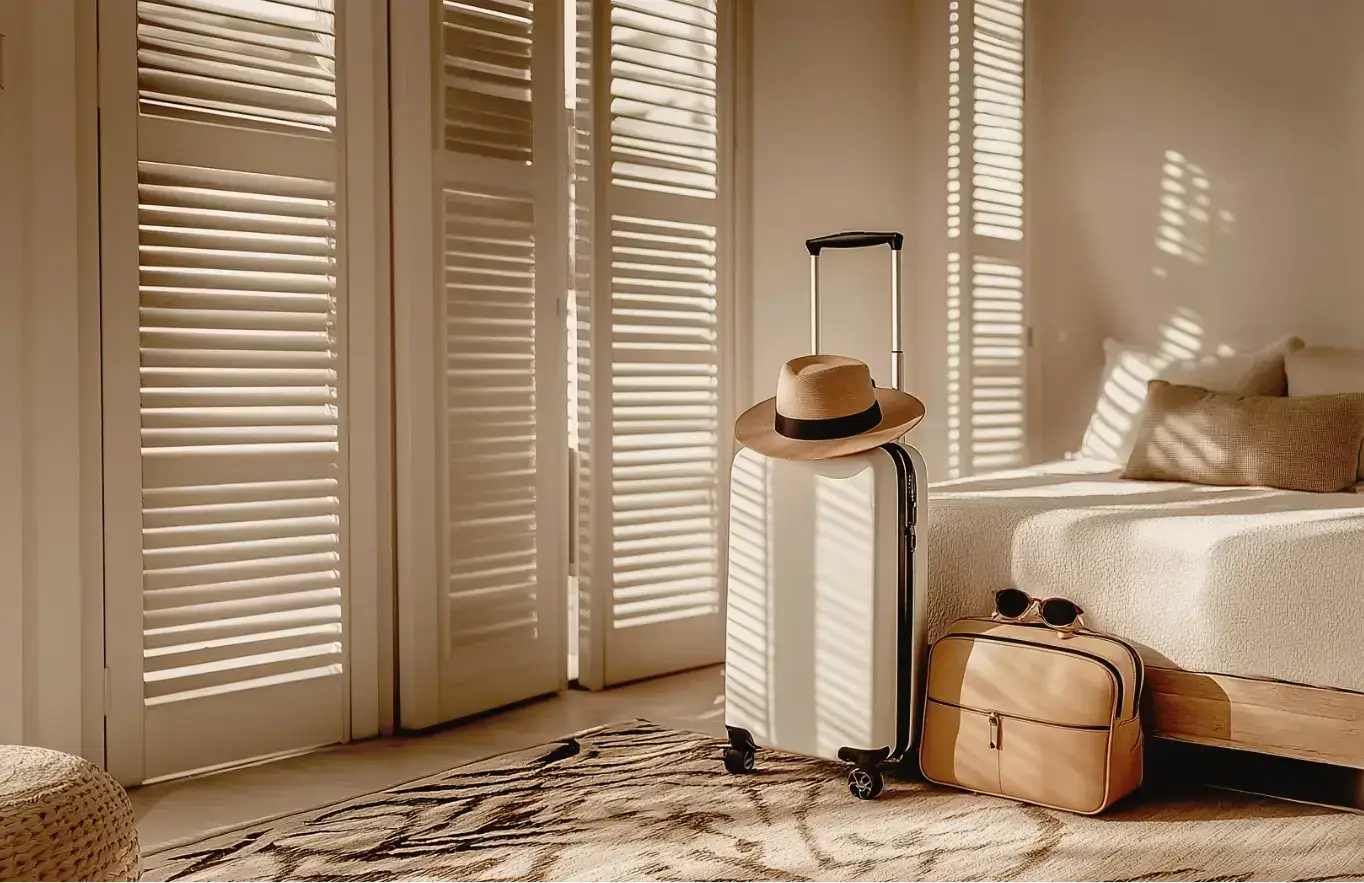 **Alt text:** Smith Road Collection luxury travel scene with luggage and a sunlit bedroom, representing refined hospitality and premium getaway experiences.