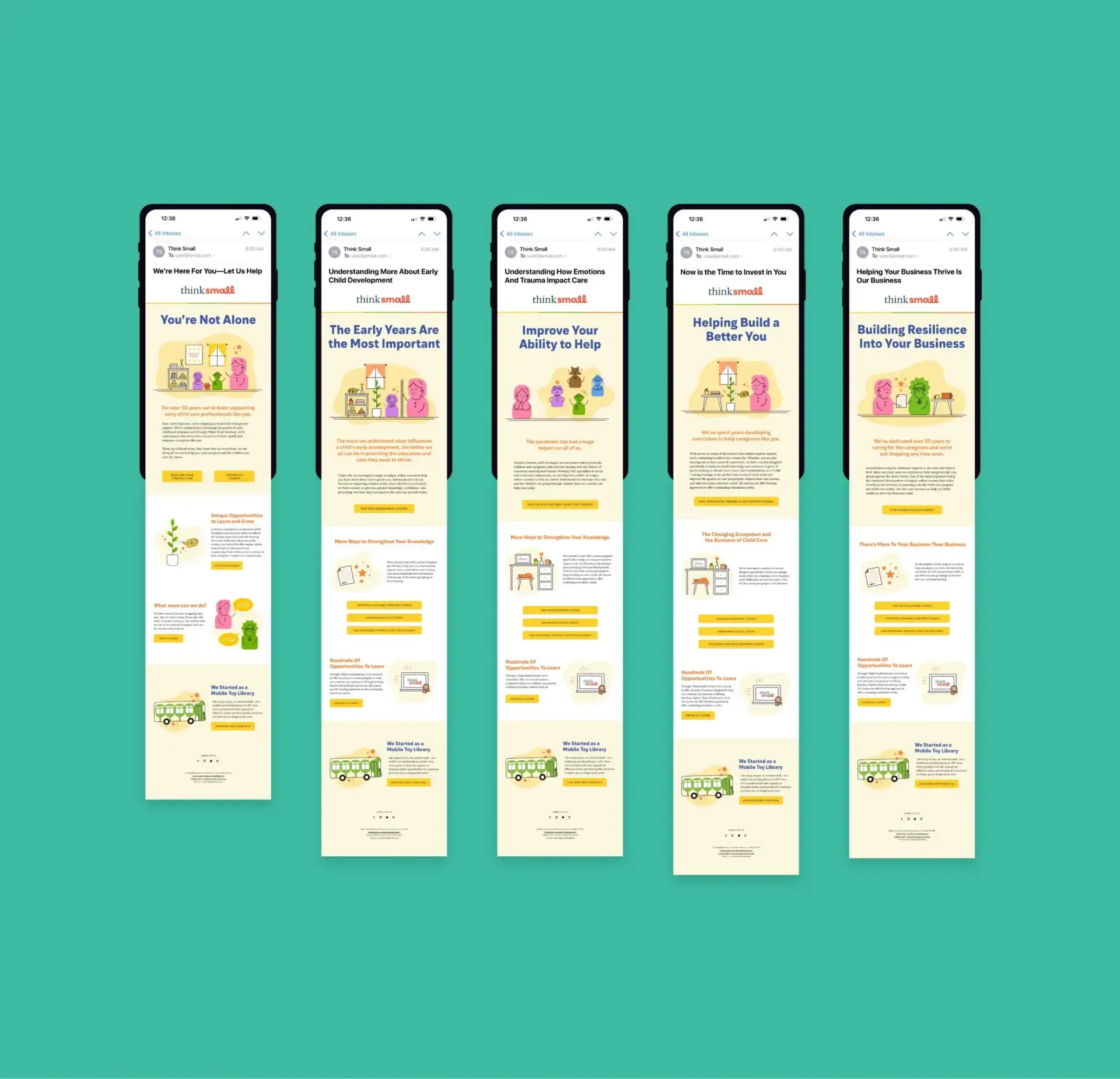 Five smartphone screens displaying Think Small email newsletter designs with colorful illustrations on a green background.