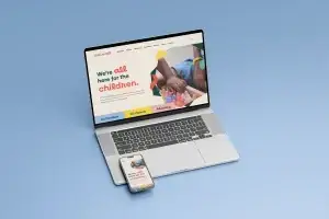 Think Small website mockup shown on a laptop and phone, featuring a colorful homepage design for children and families.