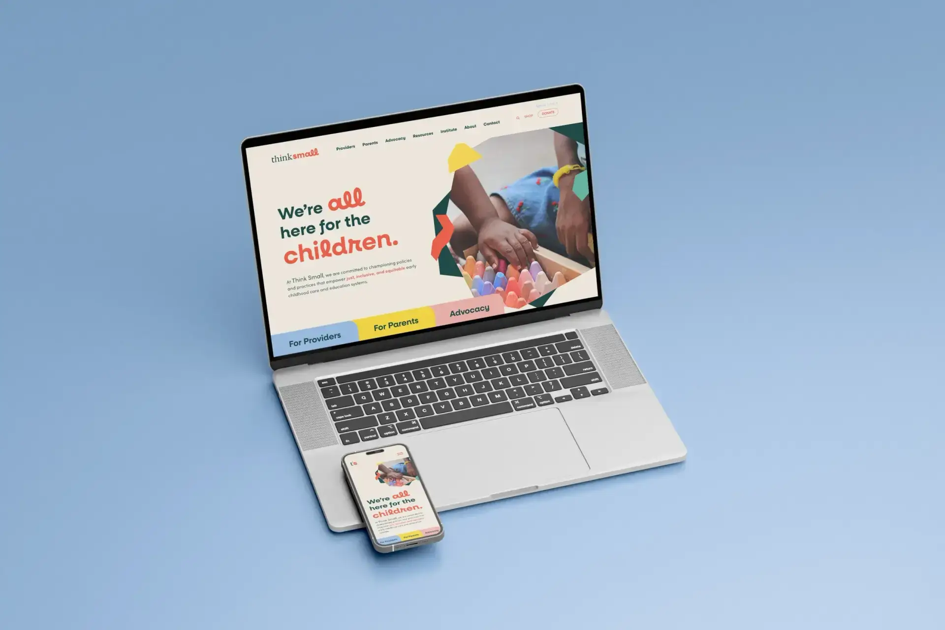 Think Small website mockup shown on a laptop and phone, featuring a colorful homepage design for children and families.