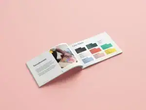 Think Small brand book opened to introduction and color palette pages, showcasing early childhood branding and visual identity guidelines.