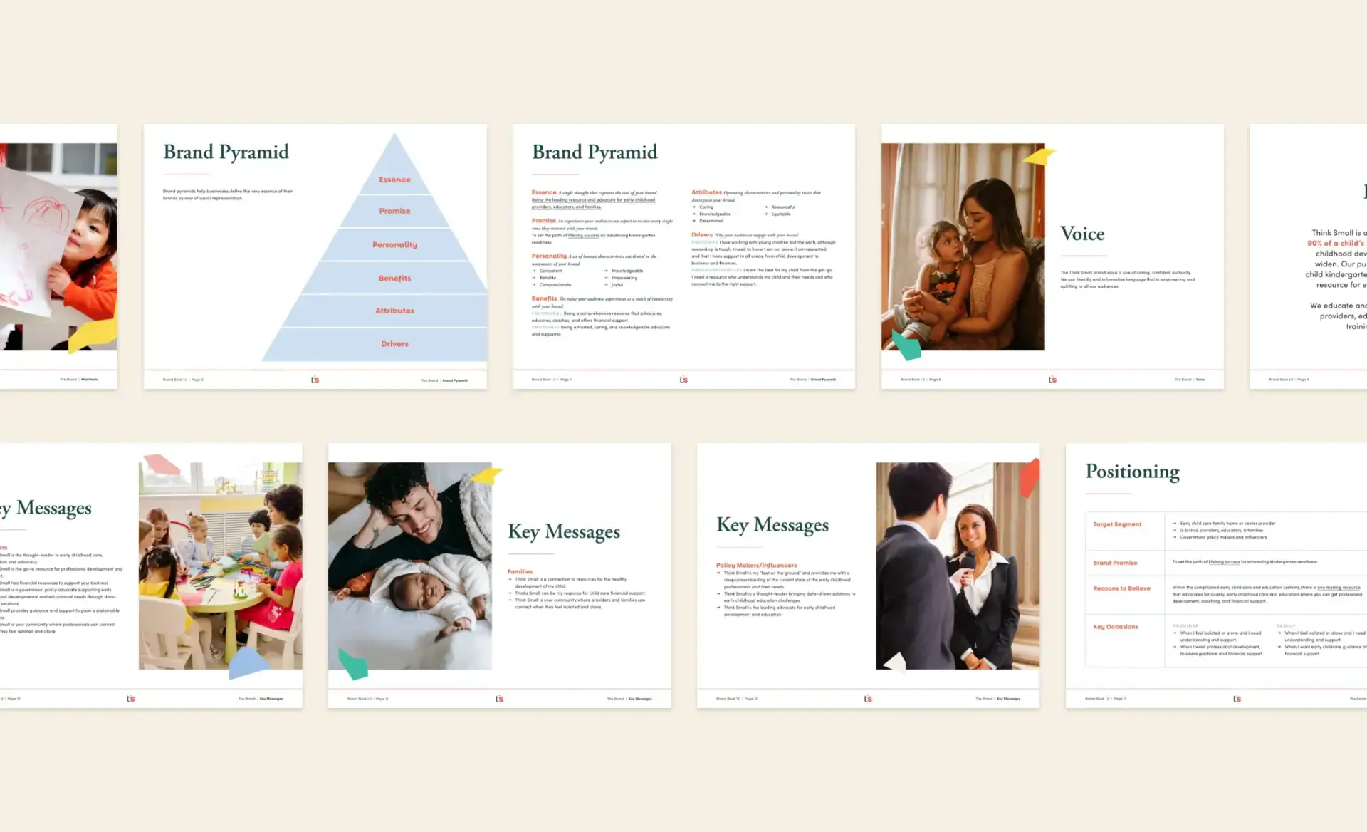 Think Small brand strategy slides showing a brand pyramid, key messages, and family-focused visual direction.