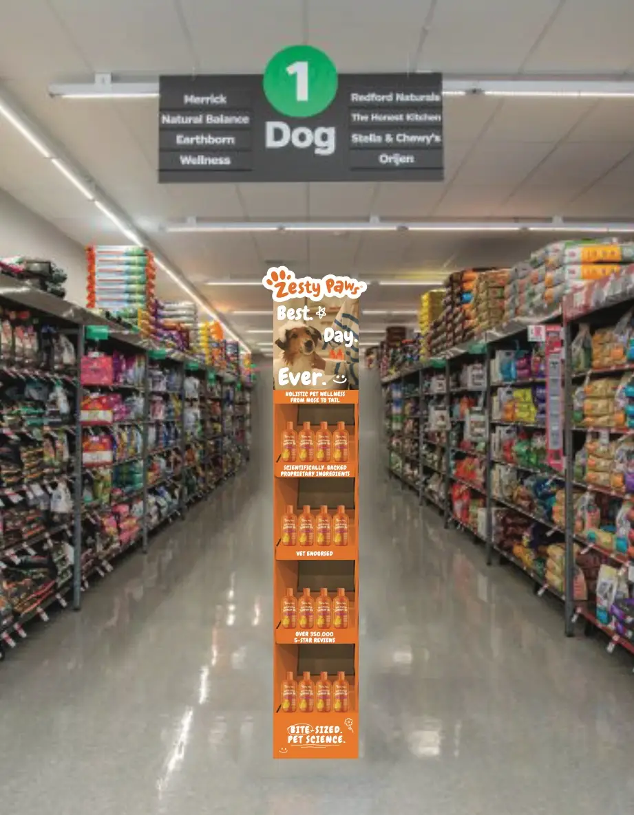 Zesty Paws dog supplement endcap display in a pet store aisle highlighting holistic pet wellness and vet-endorsed products