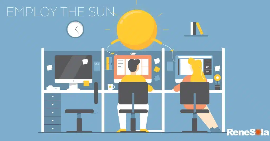Illustration of ReneSola solar energy campaign showing professionals working under a sun icon, representing clean energy innovation and renewable power branding by Agency Squid.