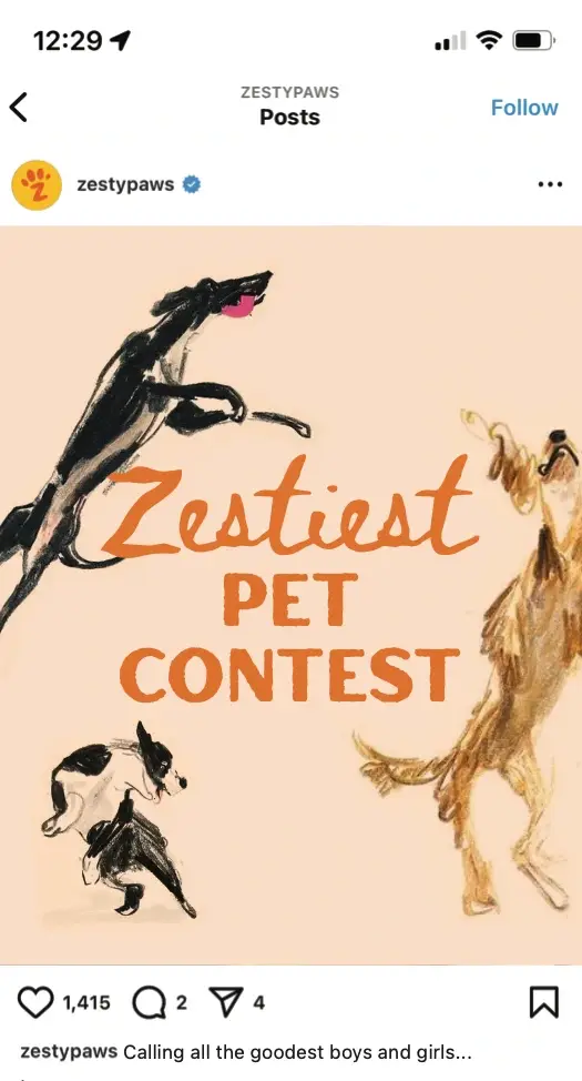 Zesty Paws “Zestiest Pet Contest” social post featuring illustrated dogs inviting pet owners to participate