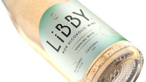 Libby non-alcoholic sparkling white wine bottle with minimalist label design, developed by Agency Squid