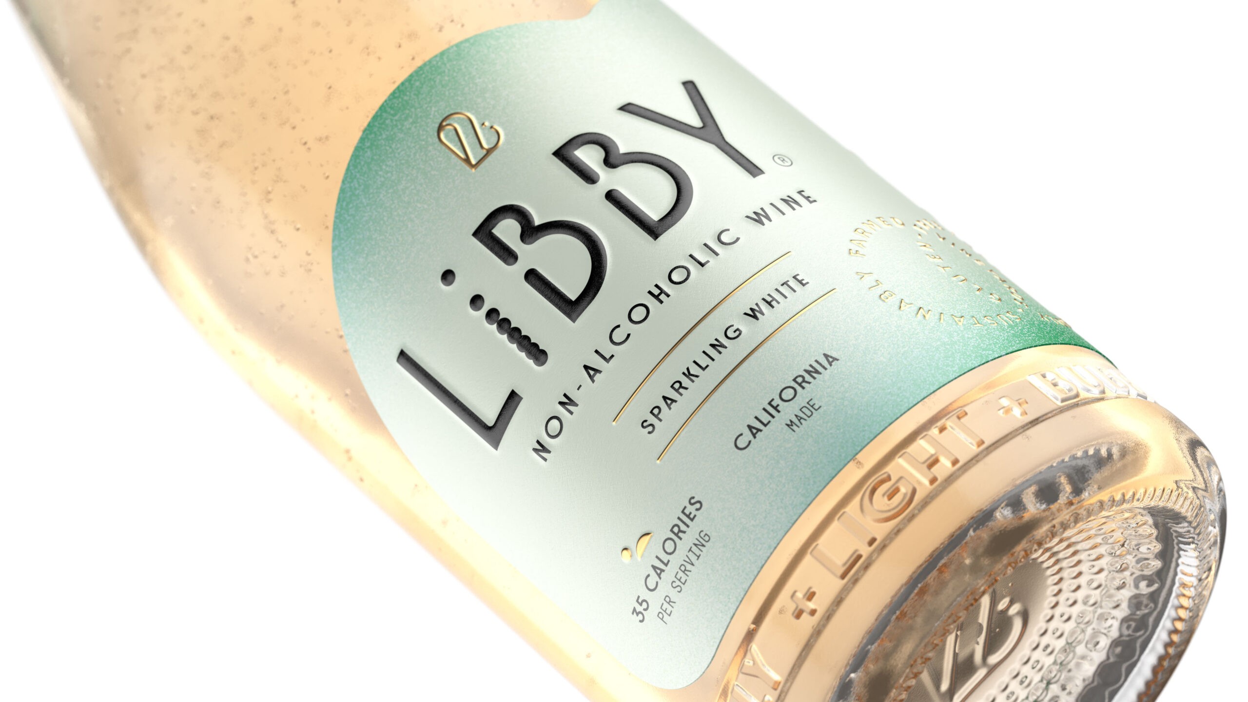 Libby non-alcoholic sparkling white wine bottle with minimalist label design, developed by Agency Squid